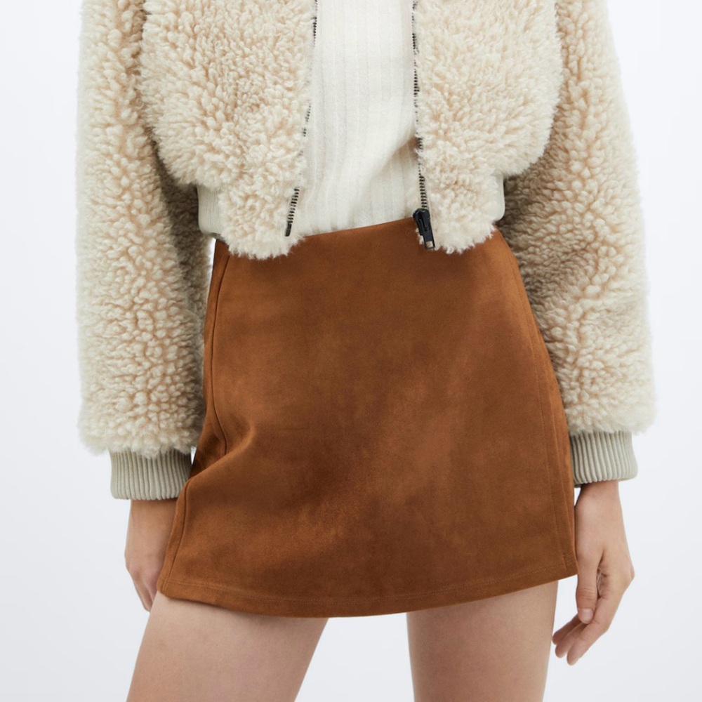 NWT Mango Suedette Mini Skirt in Cognac sz L